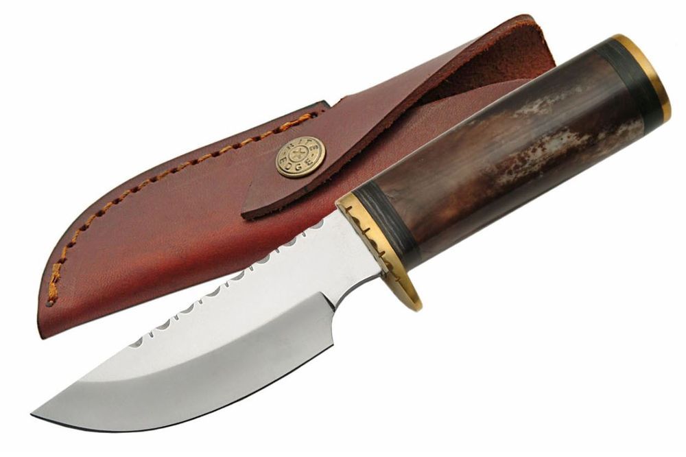 Hunting Knife | Fixed-Blade Brown Bone Handle Skinner + Leather Sheath