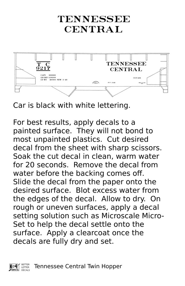 K4 HO Scale Decals Tennessee Central Offset Twin Hopper White