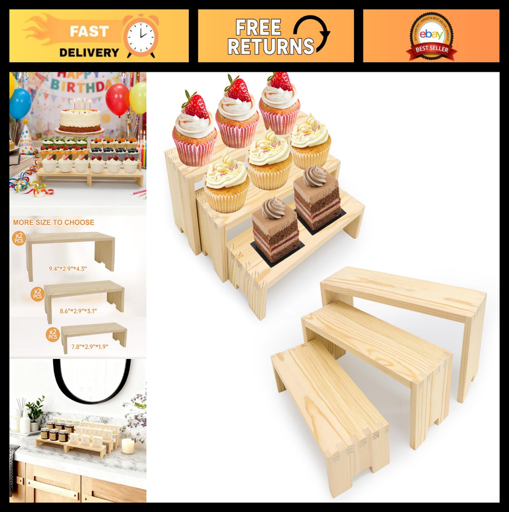 Wood Display Risers Set - 6 Pack 3-Tier Rectangular Stands for Cupcakes, Jewelry