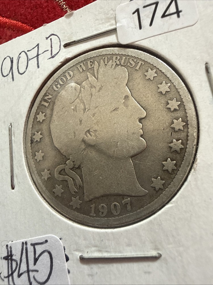 1907-D Barber half dollar coin.
