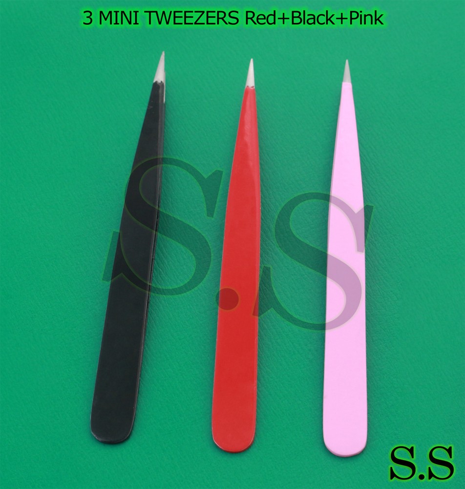 3 Pcs MINI TWEEZERS SHARP -Color Red+Black+Pink