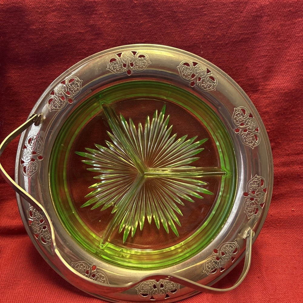 Vintage Green Farberware Glass Sectional With Silver Plated Handle