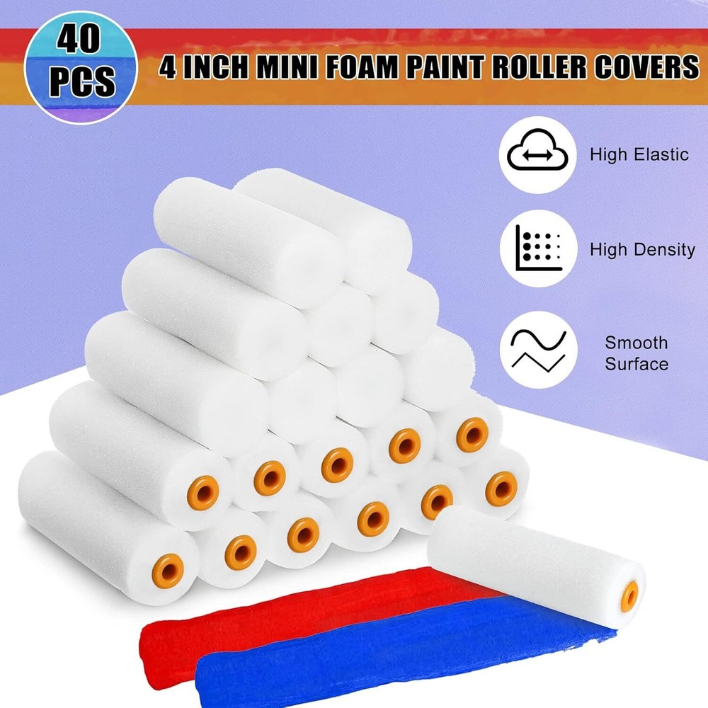 40 Pcs Foam Paint Roller Covers 4 Inch Small High Density Mini...