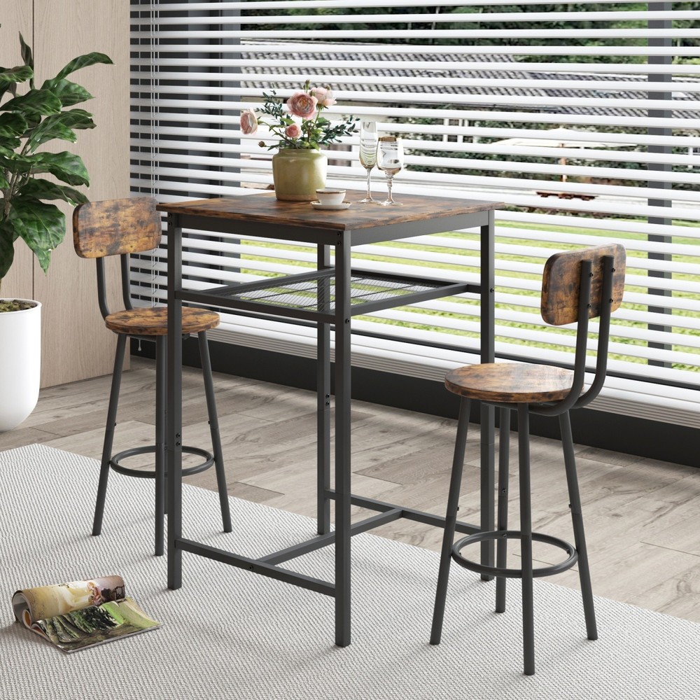 3 Piece Bar Table Set Counter Height Dining Kitchen Pub Table w/ 2 Bar Chairs