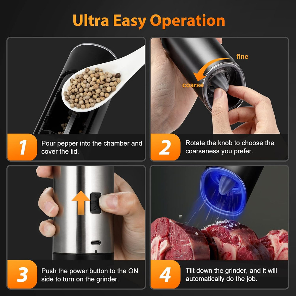 USB Rechargeable Pepper Grinder, Gravity Electric Pepper Grinder with 6 Level