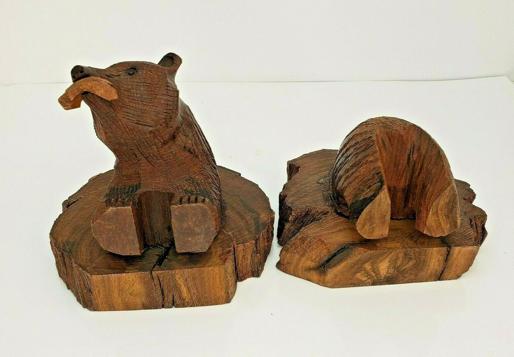 Hand Carved Hard Wood Bear Bookends Unique
