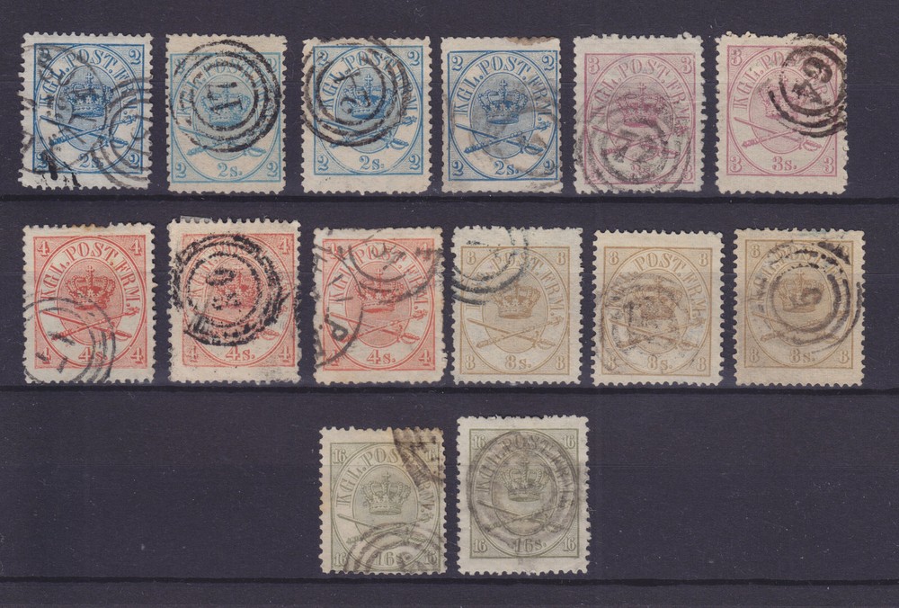 DENMARK 1864, Mi 11-15, TWO COMPLETE SETS + COLOR SHADES