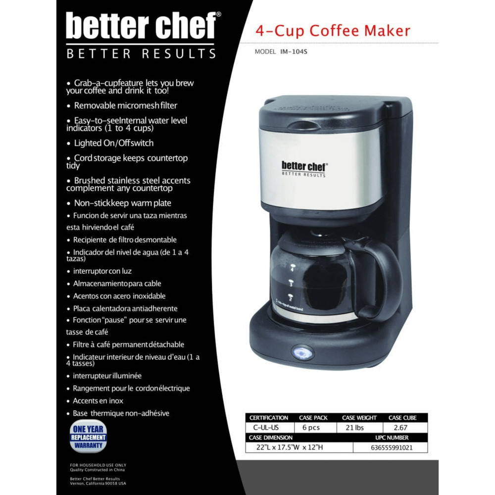 Better Chef 4-Cup Stainless Steel Coffeemaker with Removable Micromesh Filter