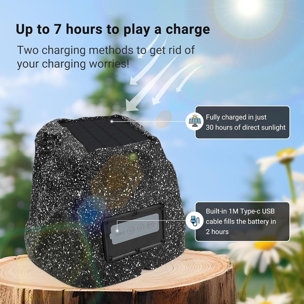 Herdio 1 Pack Bluetooth Rock Speaker Waterproof Solar with Rechargeable Battery