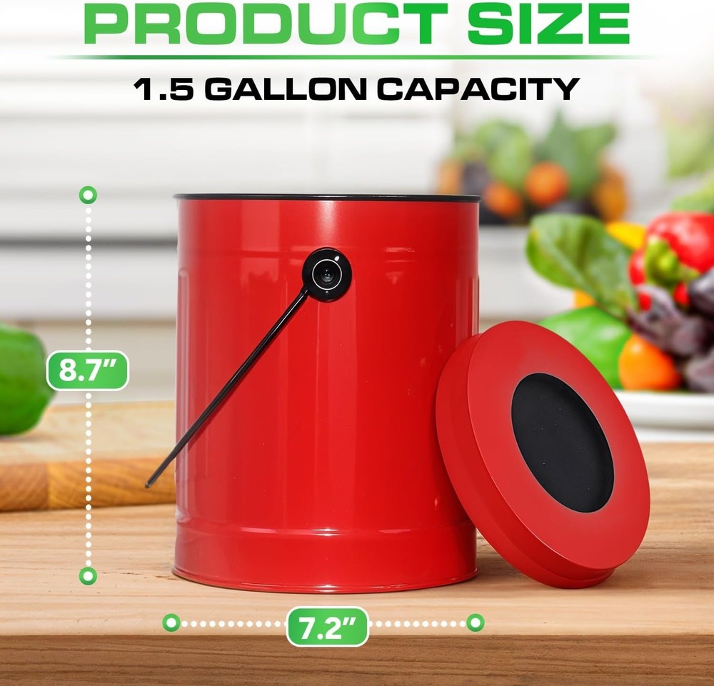 Countertop Compost Bin Kitchen W/ Lid Red 1.5 Gallon Odorless Compost Container