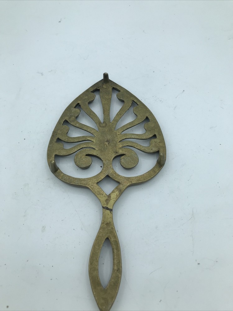 Vintage Solid Brass Hot Plate Trivet 8 3/4" x 4 3/4" Scroll Work Peacock Footed