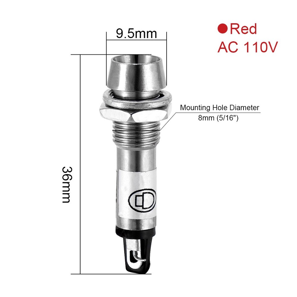 5PACK AC 110V Indicator Light Metal Shell Panel Mount 8mm 5/16" Red