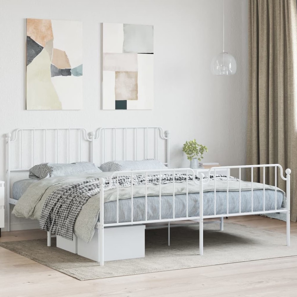 Bed Frame White Powder-Coated Steel Full Bed Frame Rectangular