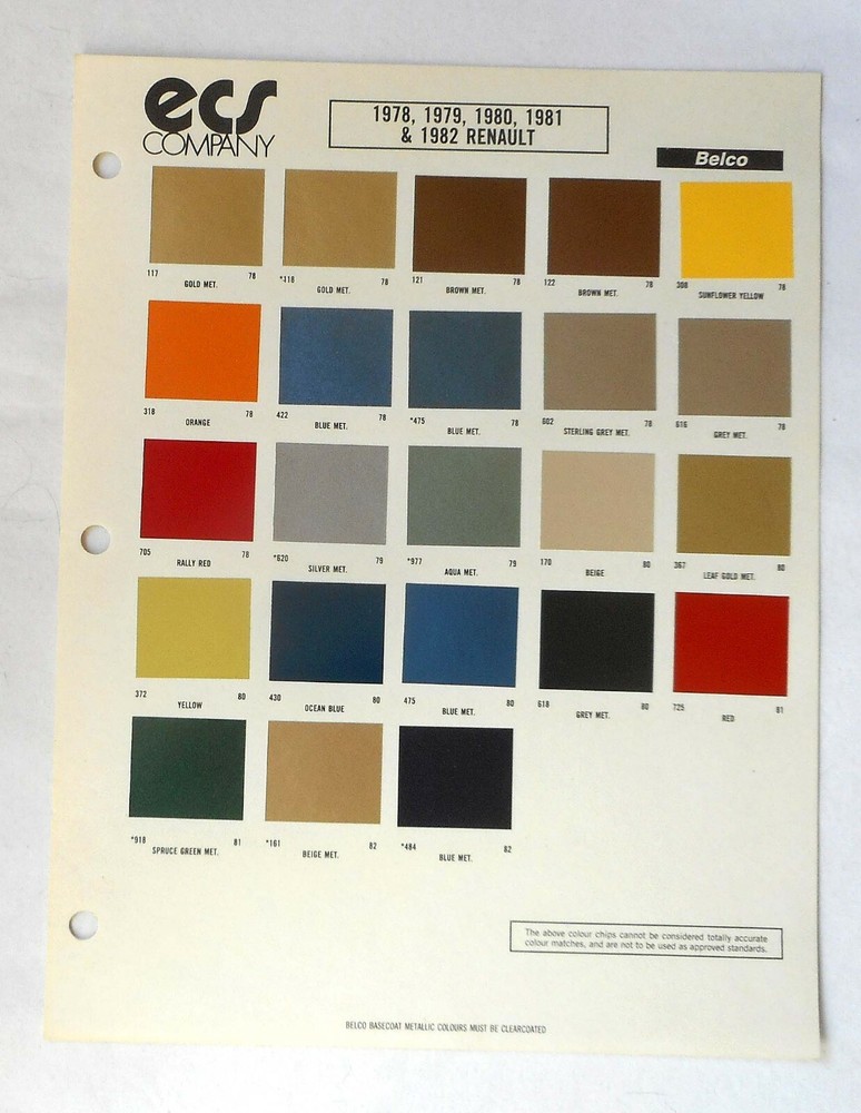 1978 - 1982 RENAULT ECS  COLOR PAINT CHIP CHART ALL MODELS ORIGINAL