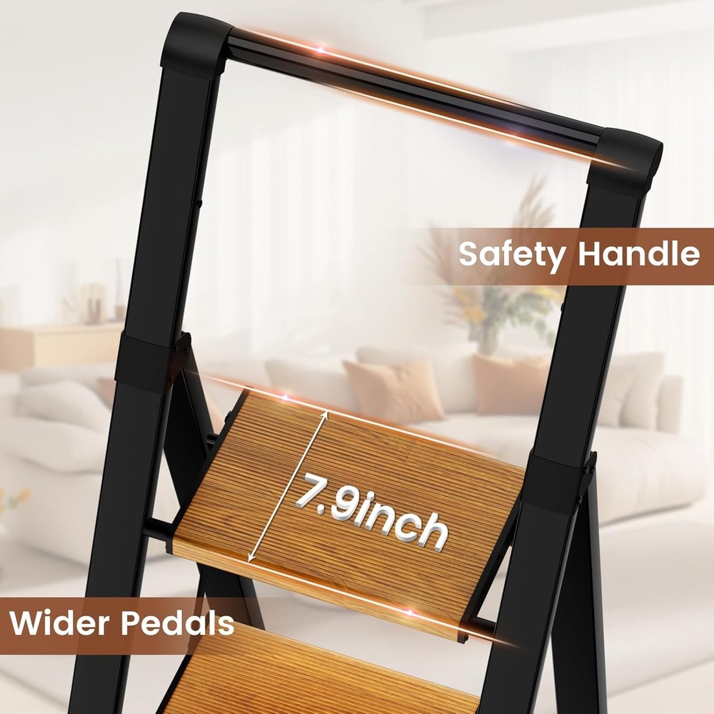 4 Step Ladder with Handrails, Kitchen Stool for 4 Step, Black Woodgrain