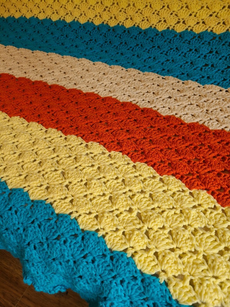 Multi Color Blue,yellow,orange,cream Stripped Crochet Throw