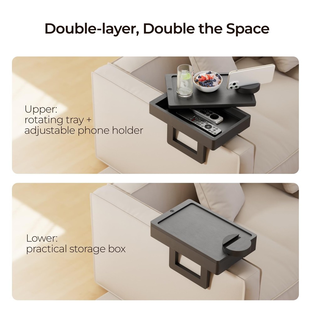 Wealone Mini Black Couch Arm Table for Narrow Armrest, Sofa Tray w/ Storage