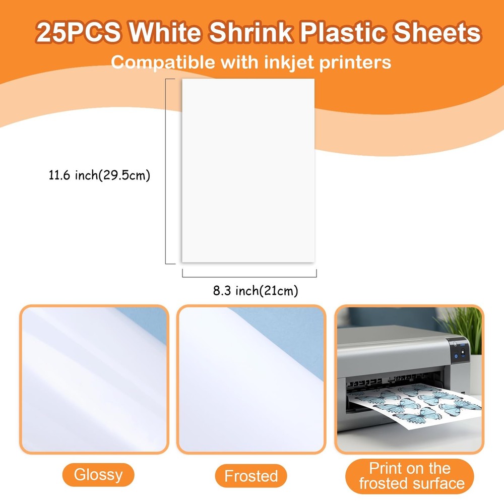 25 Sheets White Printable Shrink Plastic Sheets, Shrink Films Papers for Inkj...
