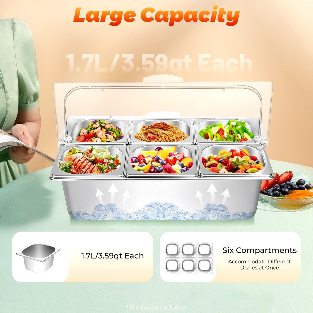 6 Pan Chilled Fruit Display Container Countertop Buffet Food Serving Display Pan