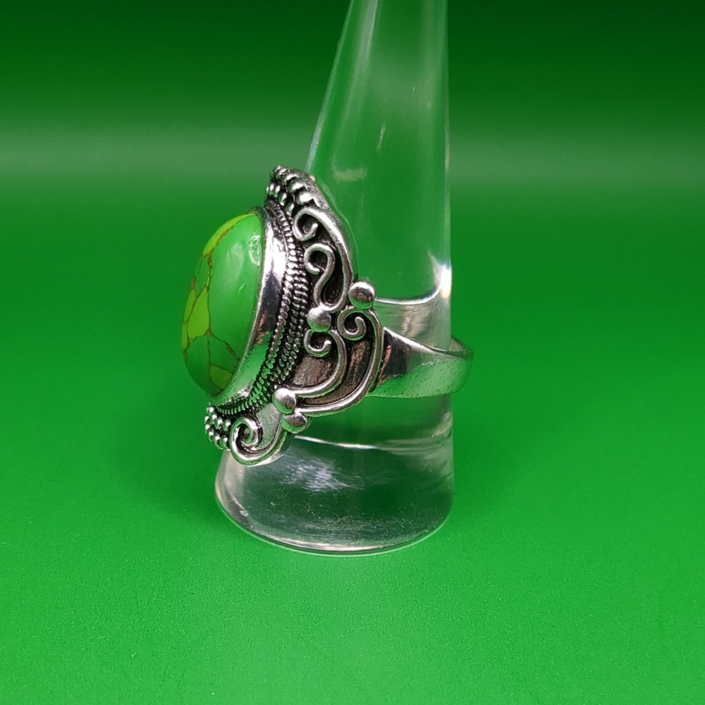 Green Oval Statement Ring Bezel Setting Silver Tone Ethnic Style