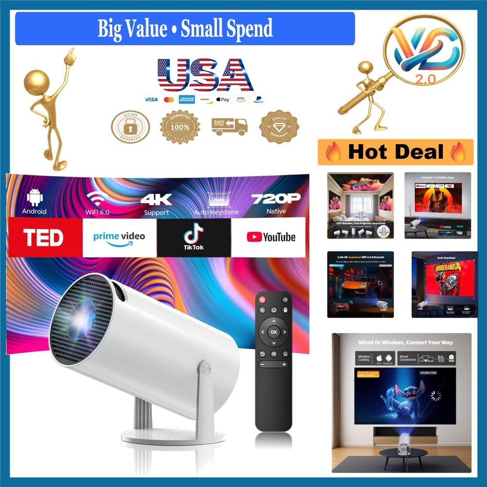 Mini WiFi Bluetooth 4K Projector 130'' Screen Portable Home Theater