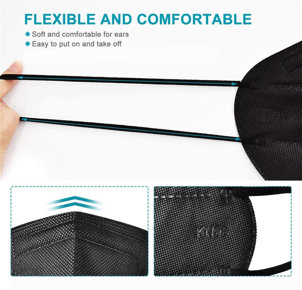 50pcs KN95 Face Masks Black 5-Layer Dust Filter, ≥95% Eff., Breathable
