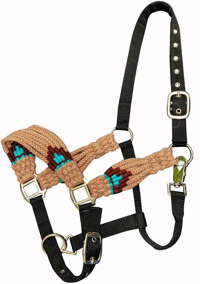 Showman Nylon Bronc Halter w/ Tan & Teal Multi-Strand String Nose