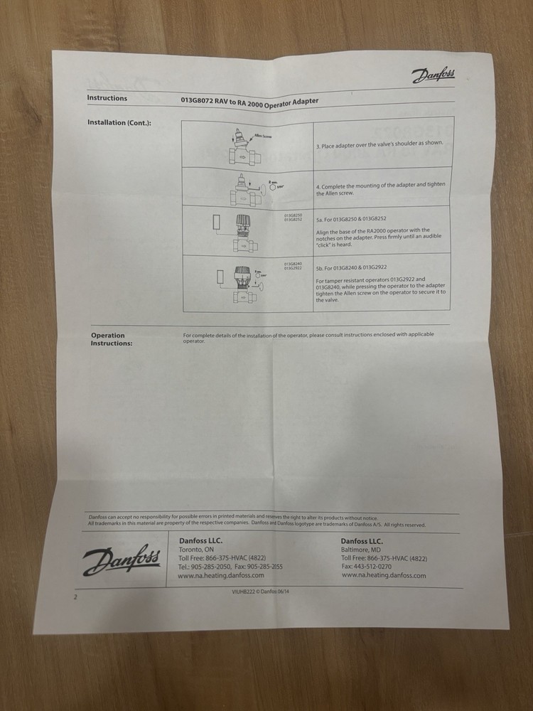 Danfoss 013G-8072 Rav To Ra2000 Valve Operator Adapter 013G8072