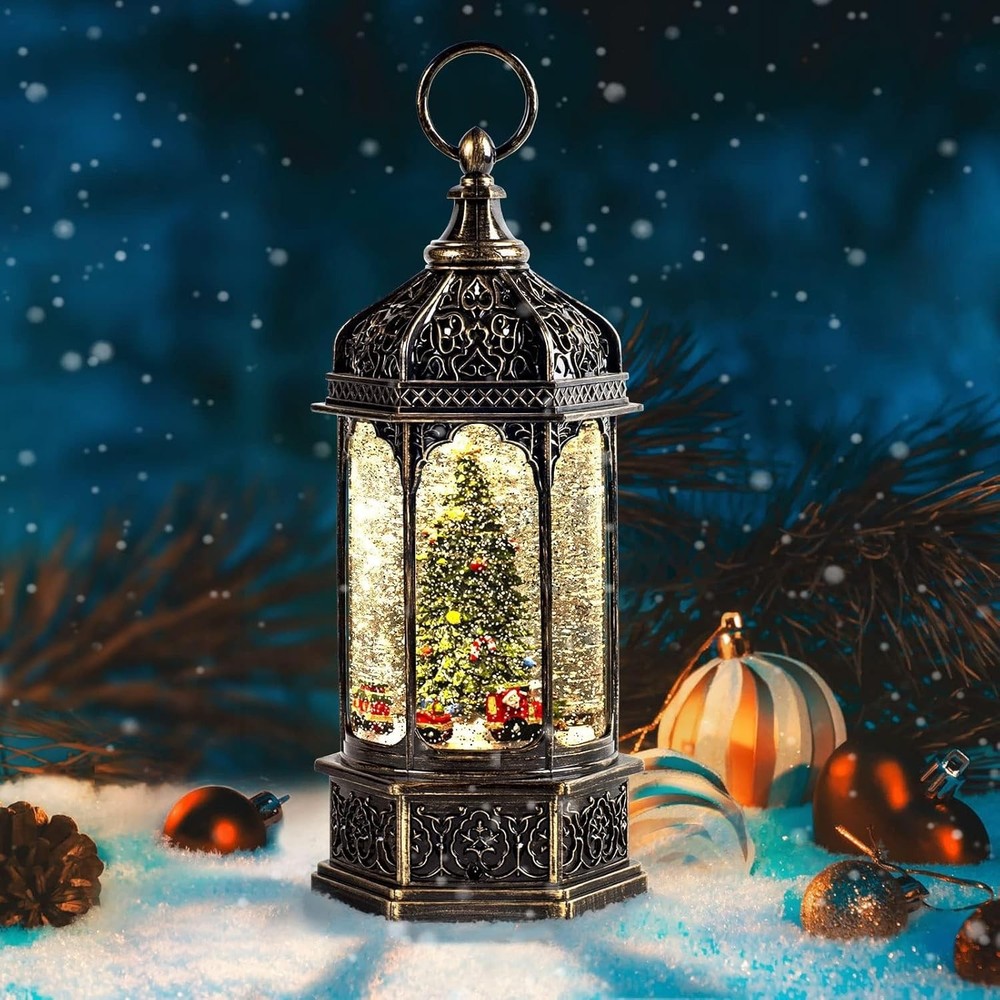 Large Musical Christmas Snow Globe Lantern with Battery-Powered Train & Timer