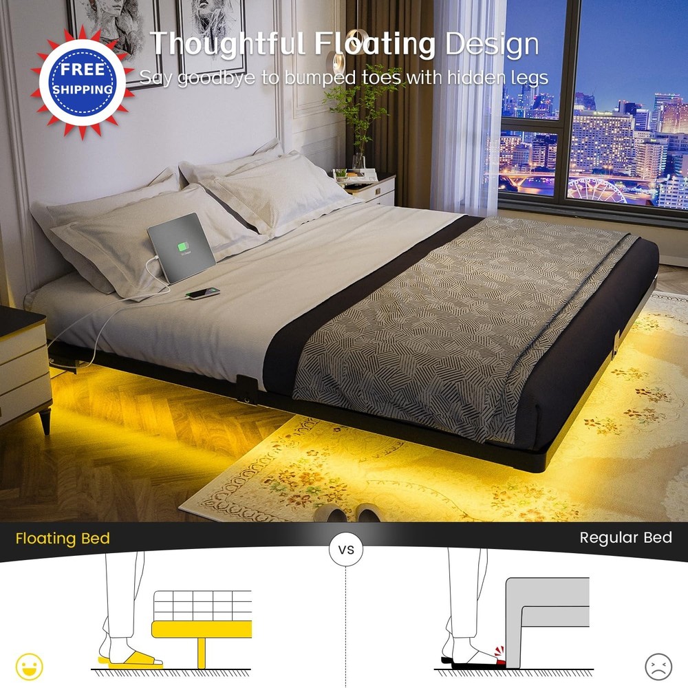 Floating Bed Frame King Size Metal Platform LED Light Charging Station OLEVS