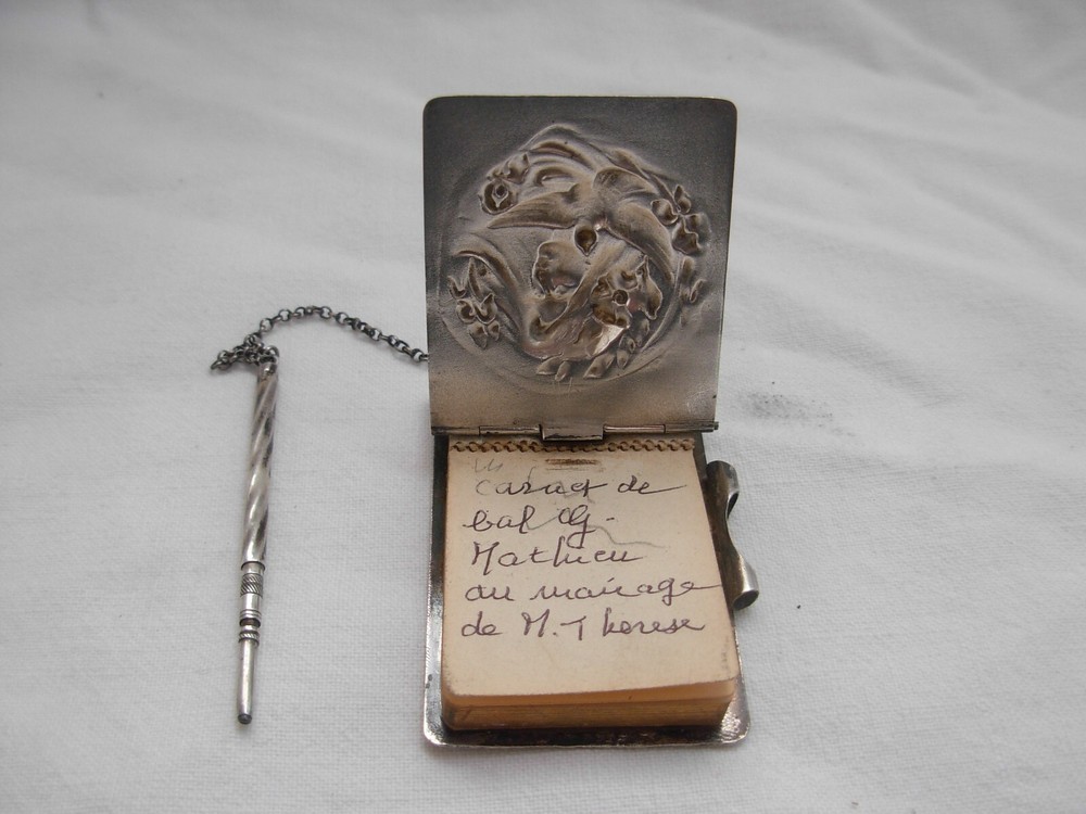 ANTIQUE GERMAN SOLID SILVER DANCE CARD,NOTE BOOK,PENDANT,ART NOUVEAU