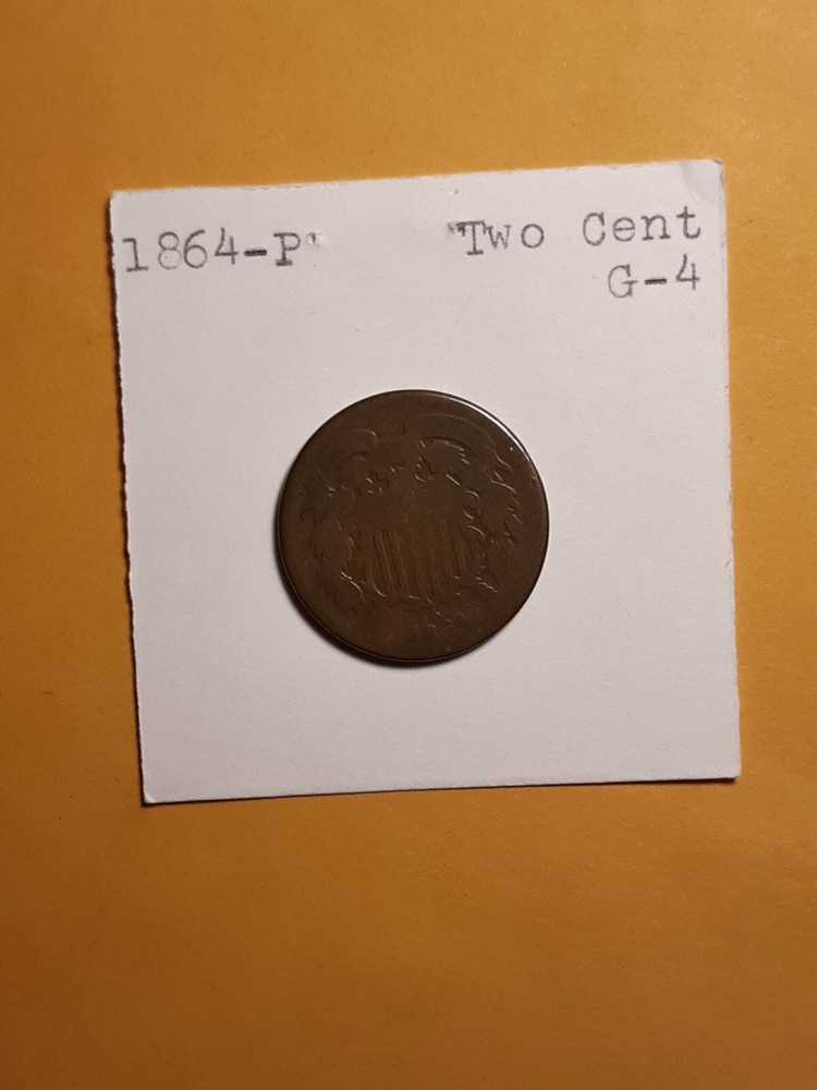 1864 Two Cent Coin Large Motto Brown Good