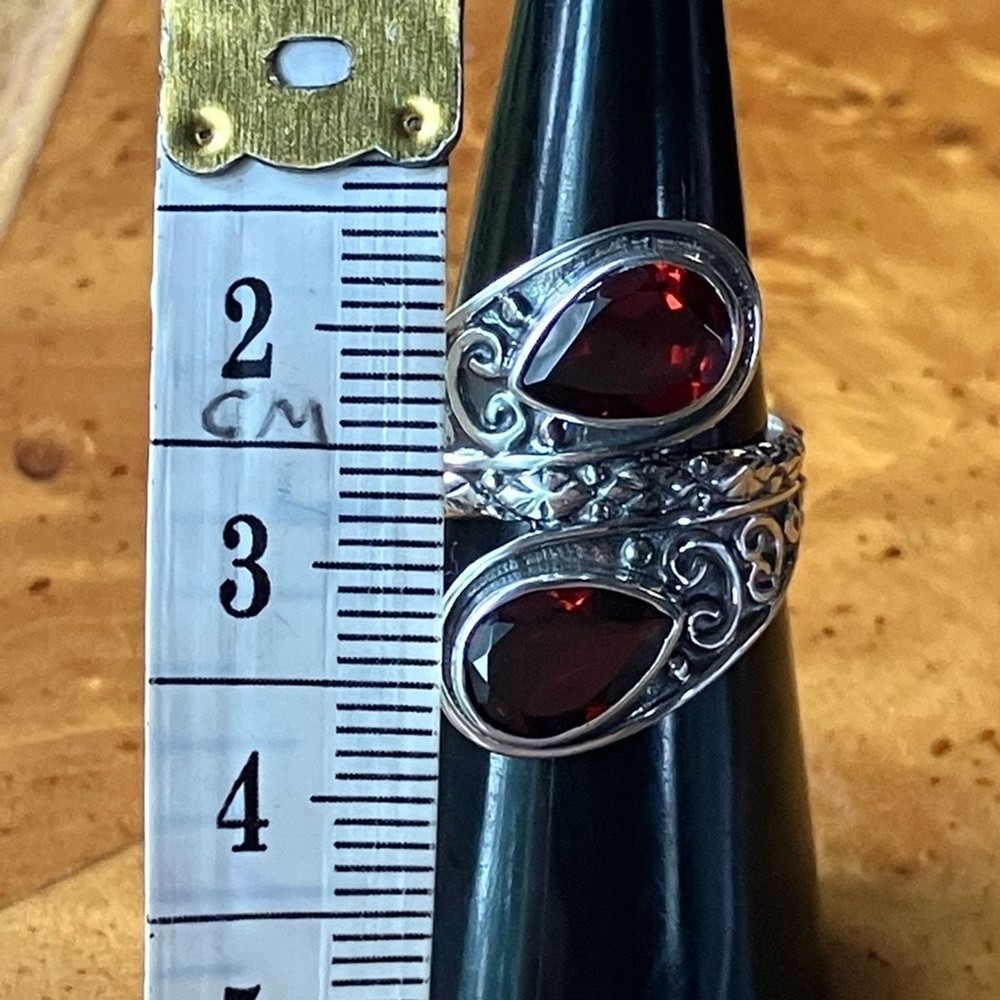 Natural Red Garnet Sterling Silver Bypass Ring Size 5.75