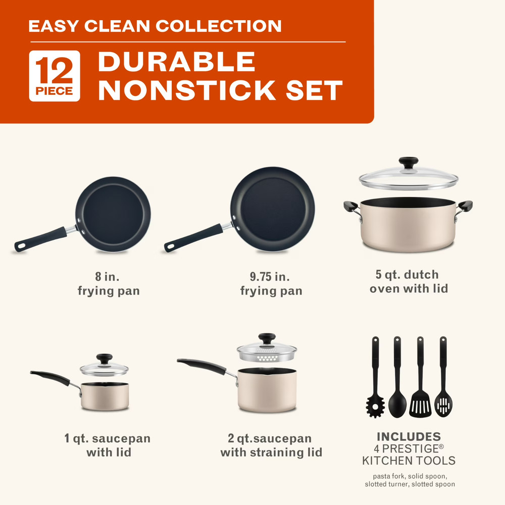 Farberware Easy Clean 12 Pcs Nonstick Cookware Set with Cooking Tools, Dishwashe