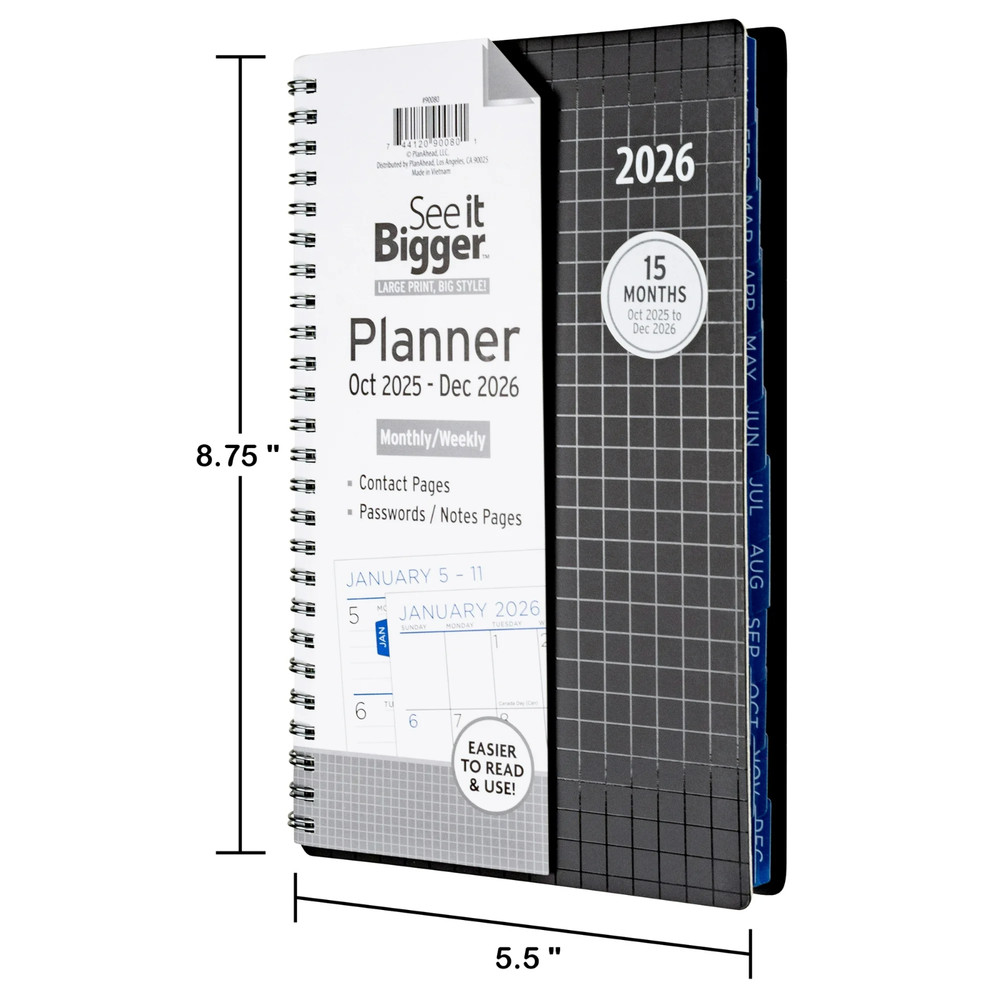 See It Bigger Medium Weekly Planner Black | 15-Month Oct 2025–Dec 2026