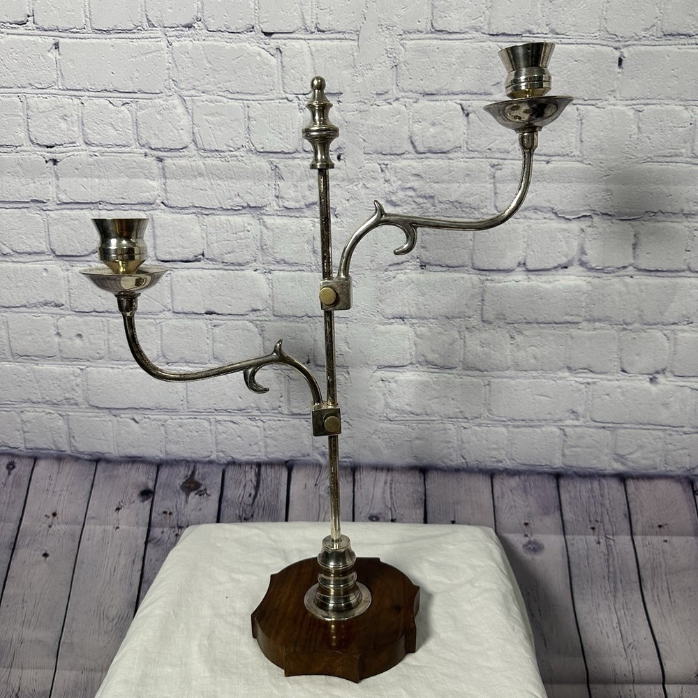 Vintage Adjustable Silver Plate SP Candelabra On Wood Base