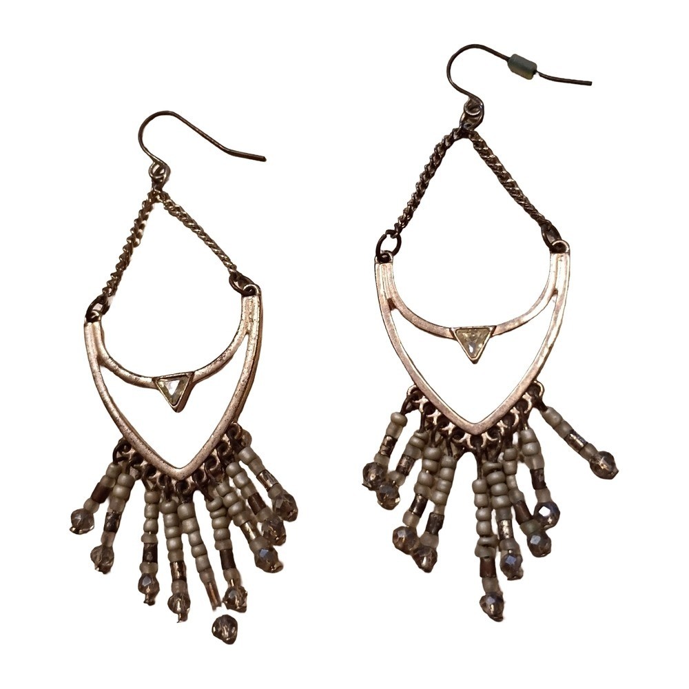 Boho Silver-Tone Dangle Earrings with White Bead Fringe