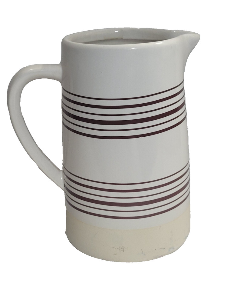 Ceramic/Stoneware Pitcher w/Handle-Cream Color with Horizontal Brown Stripes