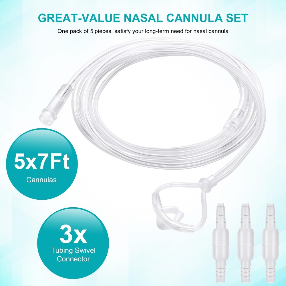 5 Pack Cannula Nasal 7 FT Super Soft 7 ft, Transparent - 7ft