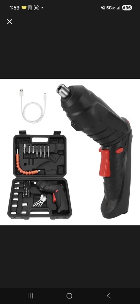 Cordless Compact Pistol Shape Screwdriver Set Black Red w/ Case Bits USB Cable