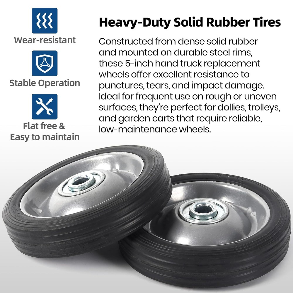 AR-PRO (2-Pack) 5" x 1.2" Flat Free Solid Rubber Wheel 5"x1.2, Metallic