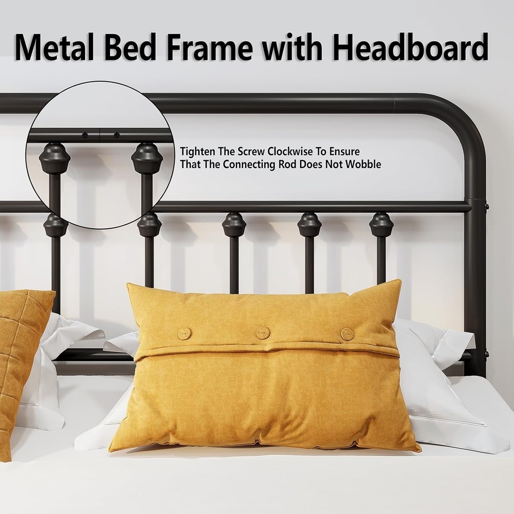 Bed Frame, Metal Platform Bed with Victorian Style Iron-Art Queen Black