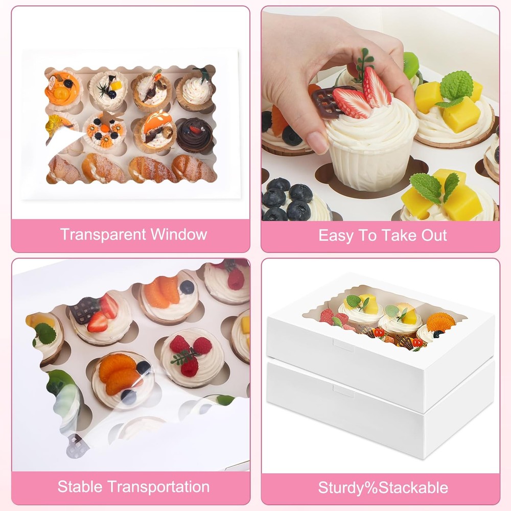 10 PCS Cupcake Boxes 12 Count Containers Window Inserts White Bakery Holder