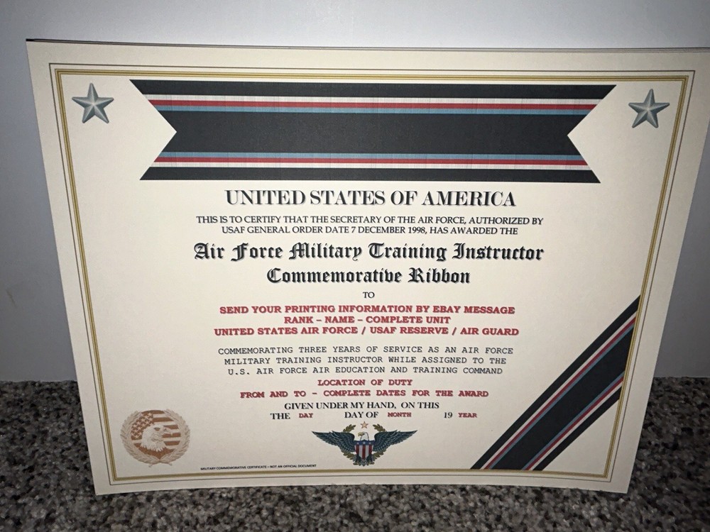 U.S. AIR FORCE TRAINING INSTRUCTOR COMMEMORATIVE CERTIFICATE ~ W/PRINTING TYPE-1