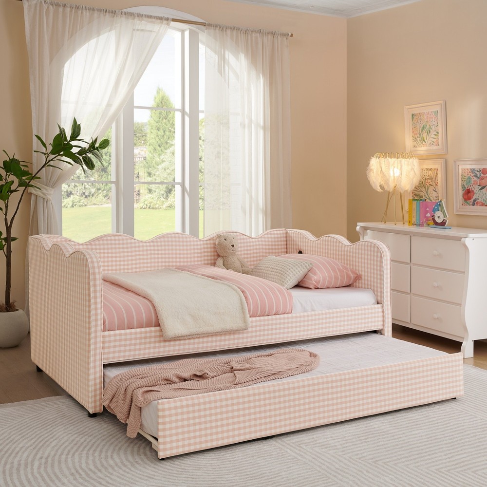 Twin Size Daybed Linen Upholstered Bed Frame Sofa Bed with Pull-Out Trundle Bed