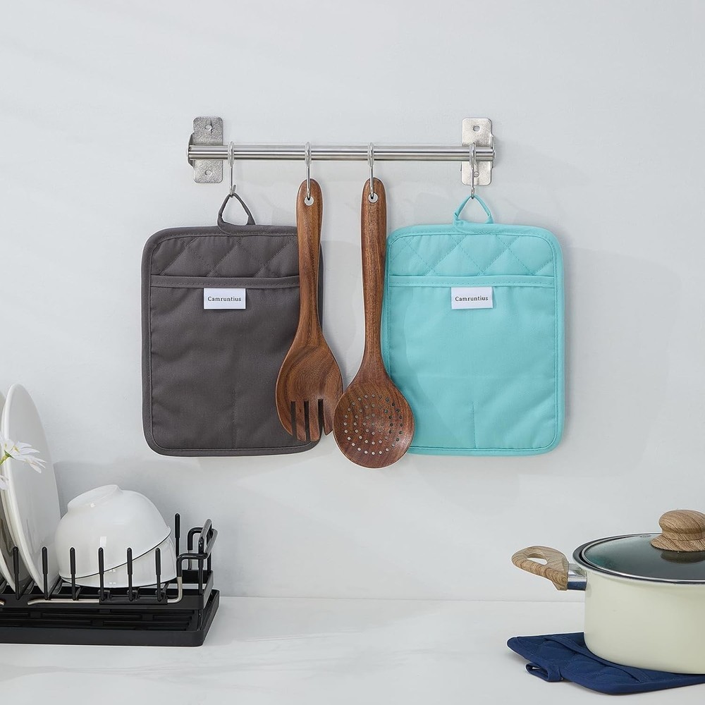 3-Pcs Kitchen Pot Holders 7"x9" Rectangular Pocket Cotton & Neoprene Navy Blue