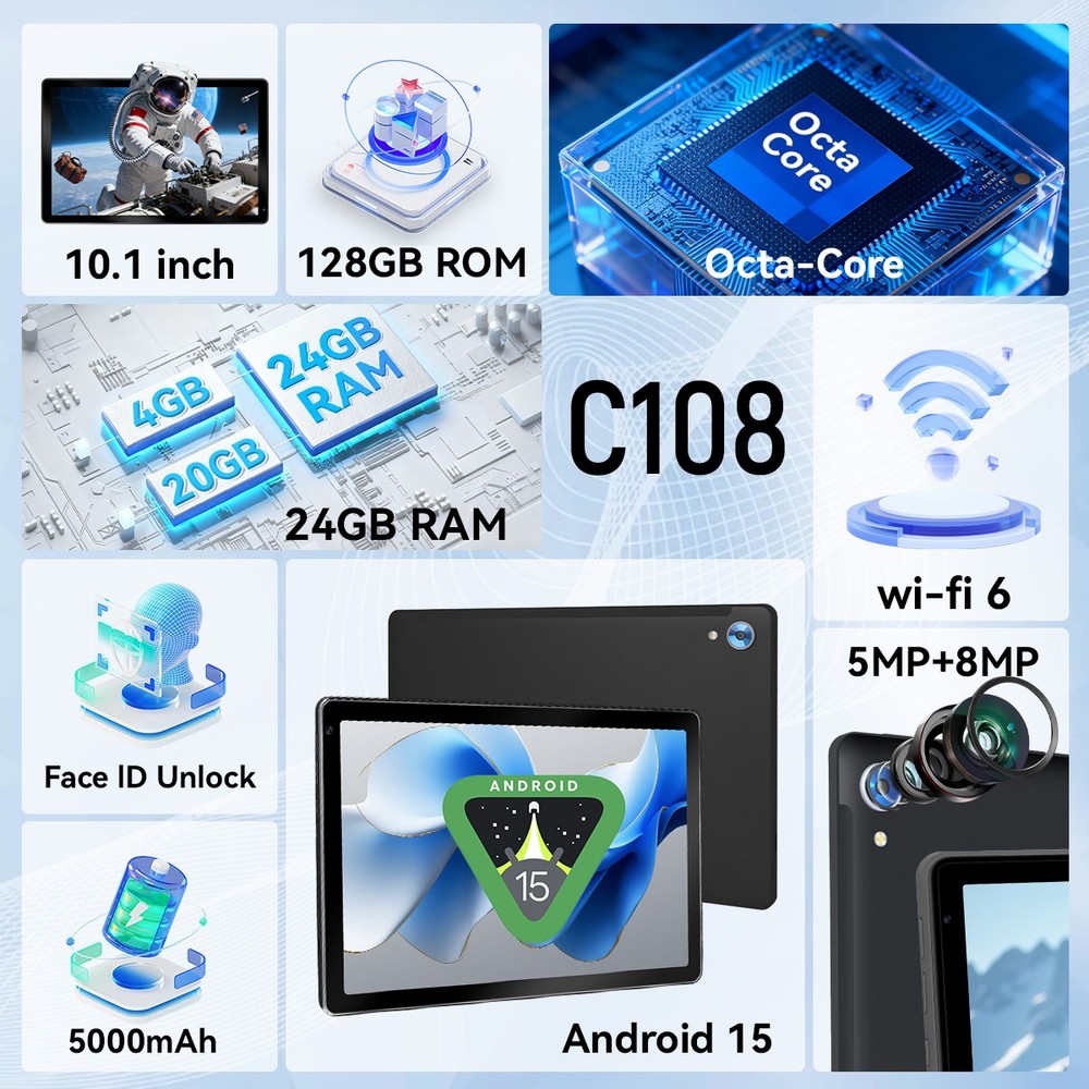 AEEZO 10.1 inch Android 15 Tablets HD Touchscreen Octa-Core 24+128GB Dual Camera