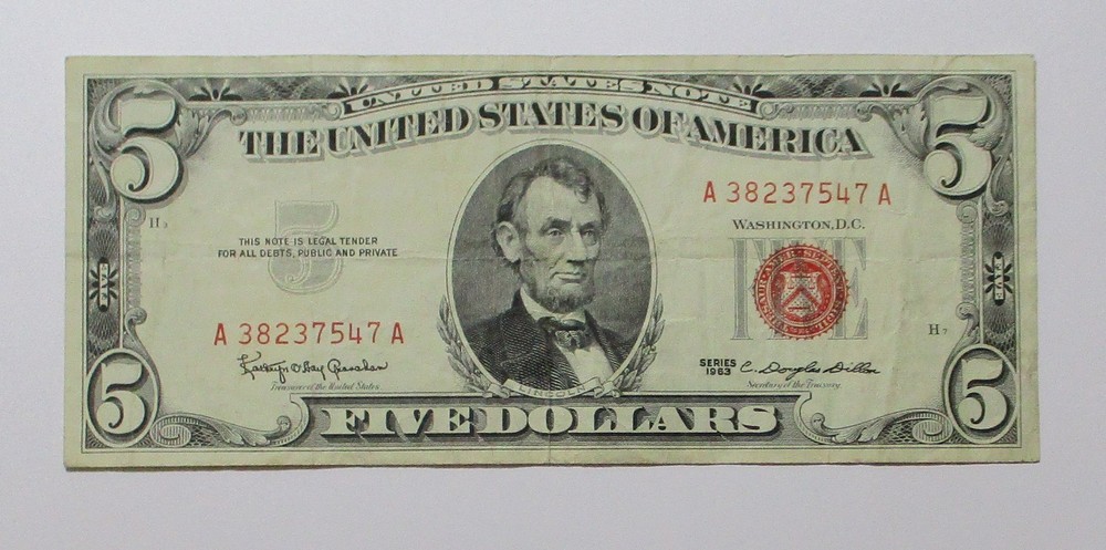 1963 $5 Red Seal Note A-A Block Circulated