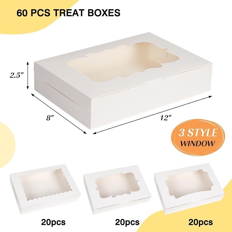 60 Pack Sturdy Cookie Boxes W/ Transparent Windows Bakery Gift Packaging New
