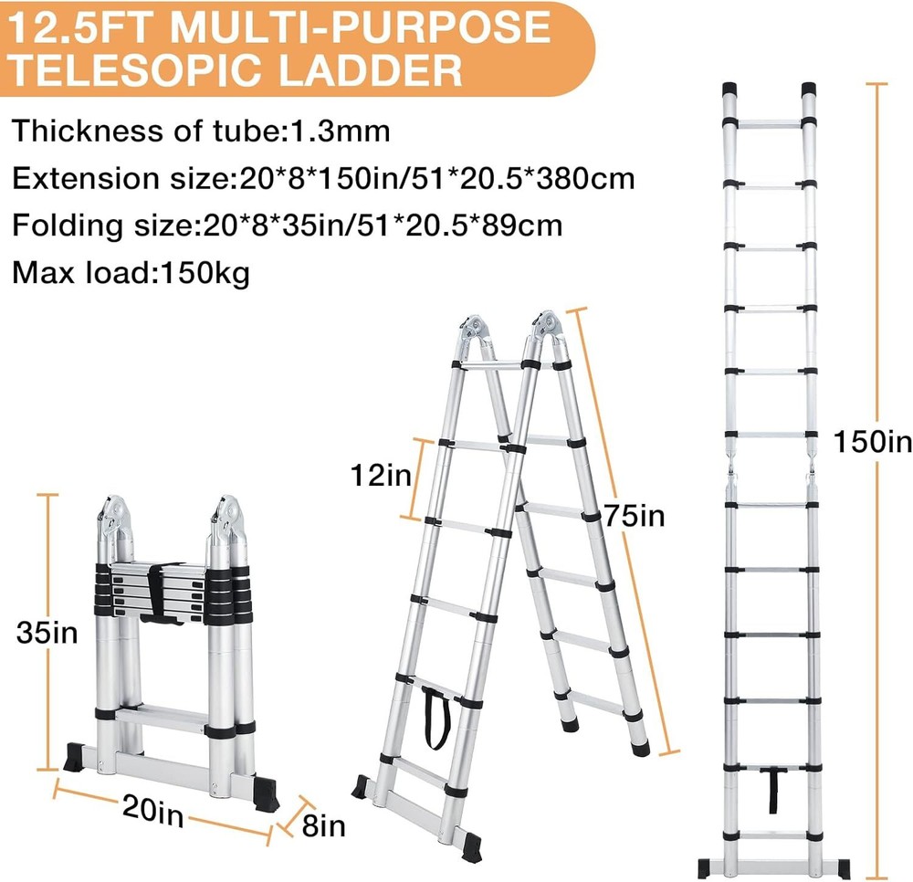 Telescoping Ladder Extension Ladder Multi Purpose Folding A Frame 330lbs Load